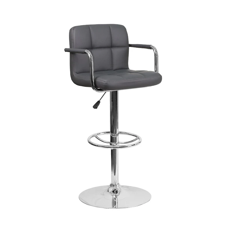 Contemporary Quilted Vinyl Adjustable Height Barstool With Arms