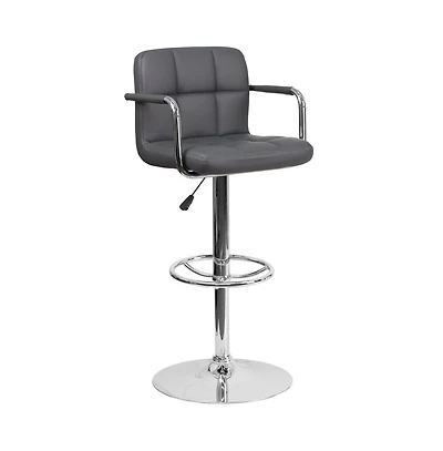 Contemporary Quilted Vinyl Adjustable Height Barstool With Arms