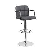 Contemporary Quilted Vinyl Adjustable Height Barstool With Arms