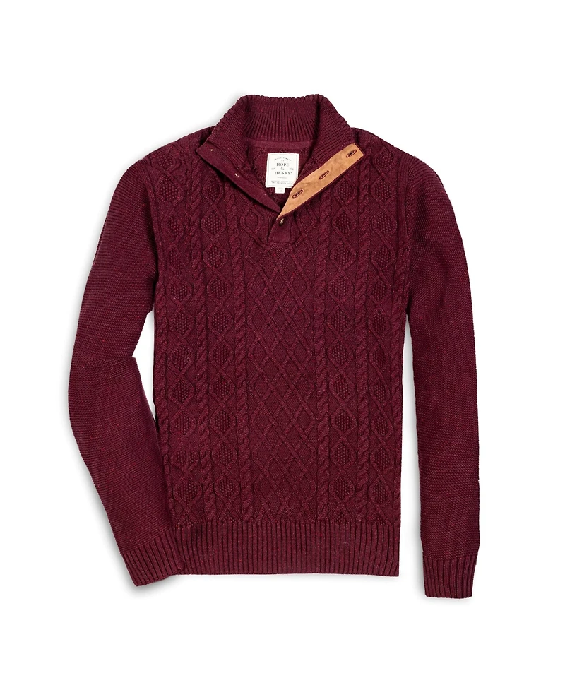 Hope & Henry Men's Mock Neck Cable Button Sweater with Flecks