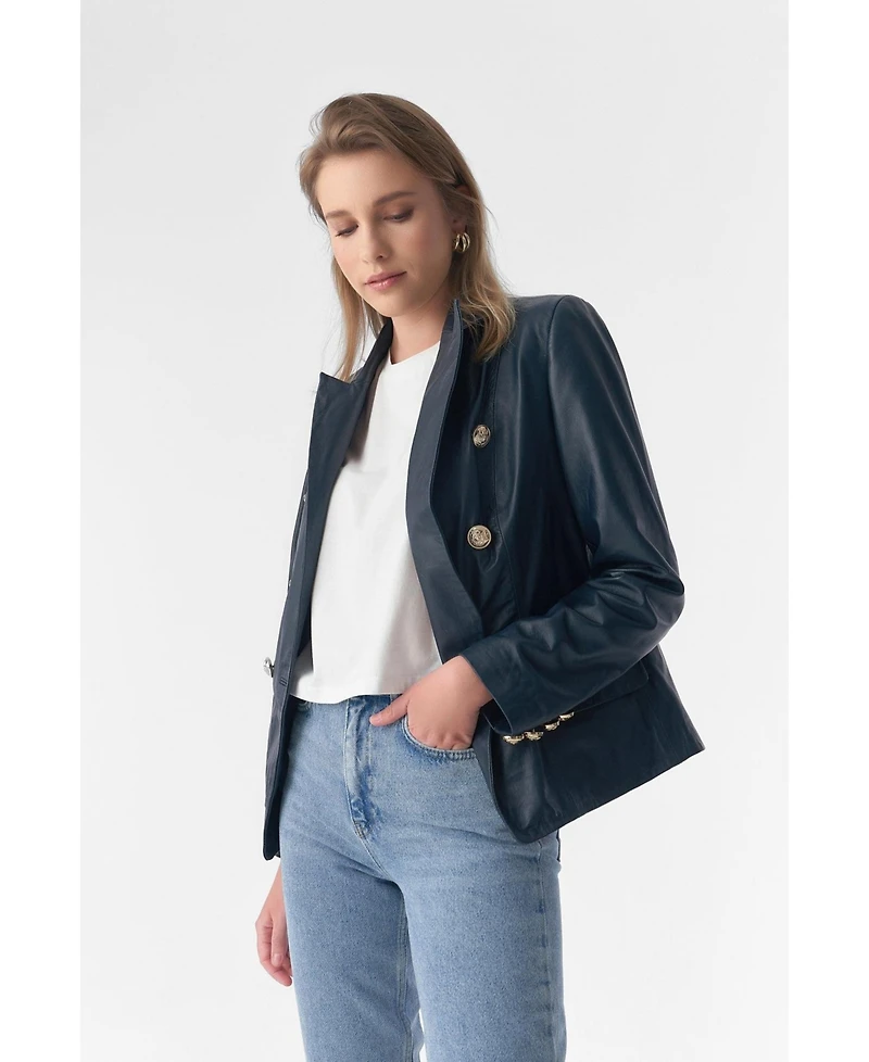 Furniq Uk Women's Genuine Leather Blazer Jacket, Navy