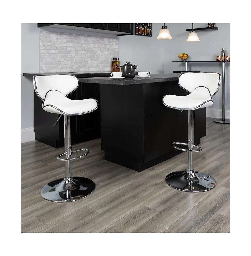 2 Pack Contemporary Cozy Mid-Back Vinyl Adjustable Height Barstool With Chrome Base