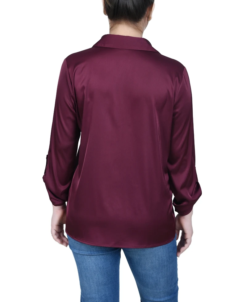 Ny Collection Petite 3/4 Sleeve Roll Tab Satin Blouse