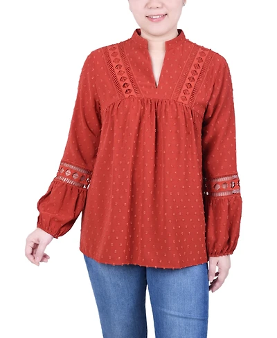 Ny Collection Petite Long Sleeve Blouse with Crochet Trim