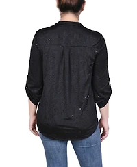 Ny Collection Petite 3/4 Sleeve Roll Tab Y Neck Top