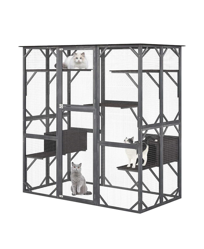 Large Wooden Cat House 71'' Indoor Outdoor Weatherproof Catio Kitten Enclosure