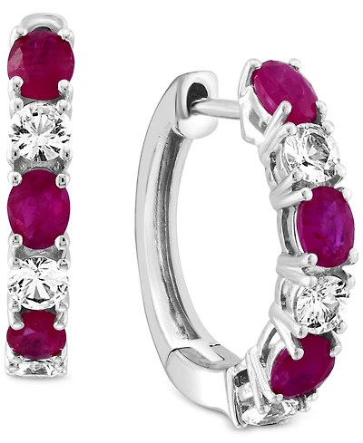 Effy Ruby (1-1/8 ct. t.w.) & White Sapphire (3/4 ct. t.w.) Small Hoop Earrings in 14k White Gold, 0.75"