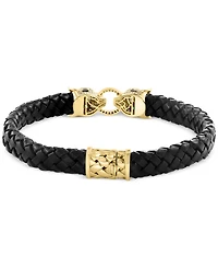 Effy White Diamond & Black Diamond (7/8 ct. t.w.) & Emerald (1/20 ct. t.w.) Panther Head Leather Bracelet in 14k Gold
