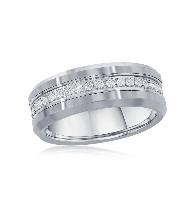Polished Silver Cz Eternity Tungsten Band Ring
