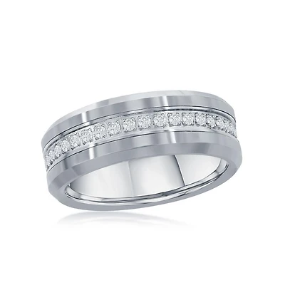 Polished Silver Cz Eternity Tungsten Band Ring