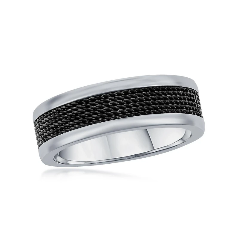 Stainless Steel Black Mesh Inlay Polished Band Ring