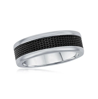 Stainless Steel Black Mesh Inlay Polished Band Ring