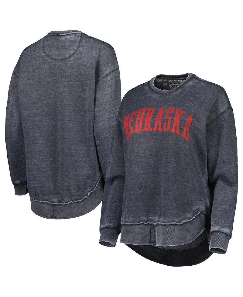 Women's Pressbox Black Distressed Nebraska Huskers Vintage-Like Wash Pullover Sweatshirt