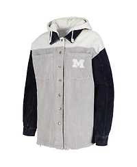Women's Gameday Couture Gray Distressed Michigan Wolverines Vintage-Like Wash Corduroy Full-Snap Hooded Shacket
