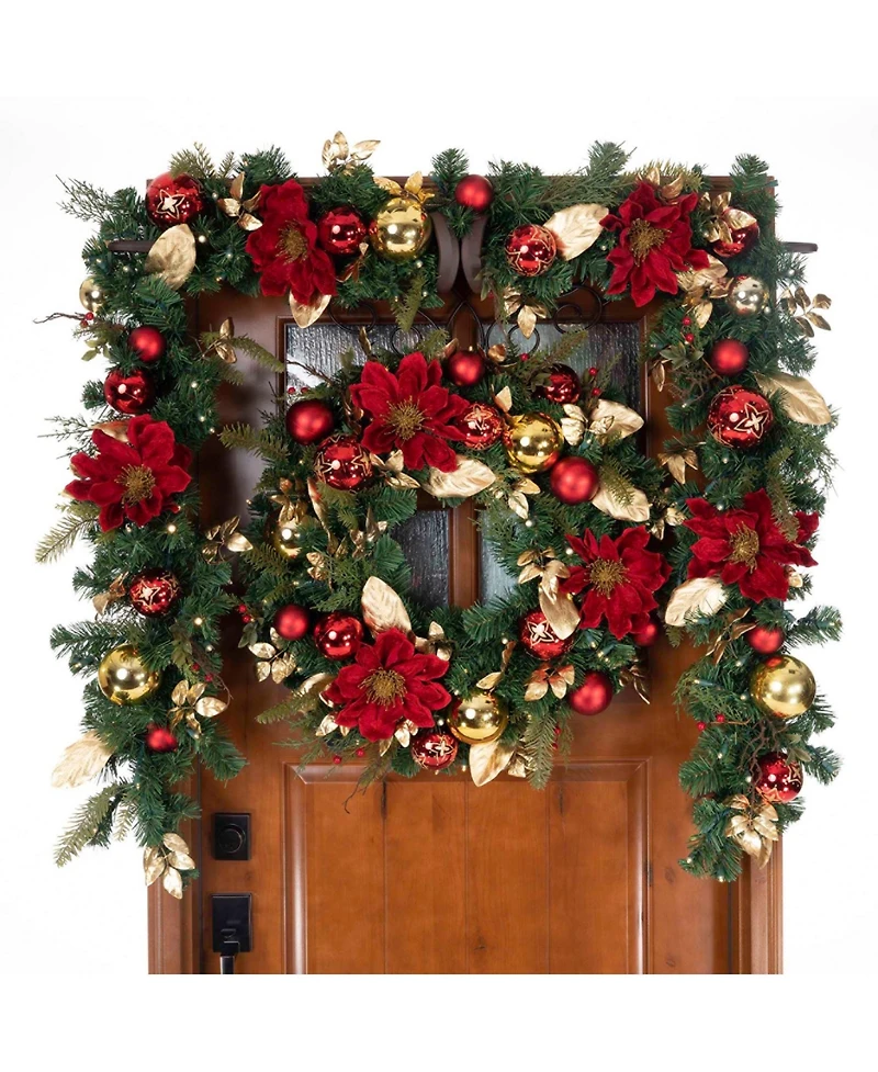 Village Lighting Company 9' Artificial Christmas Garland with Lights, Golden-Tone Leaf Red Magnolia