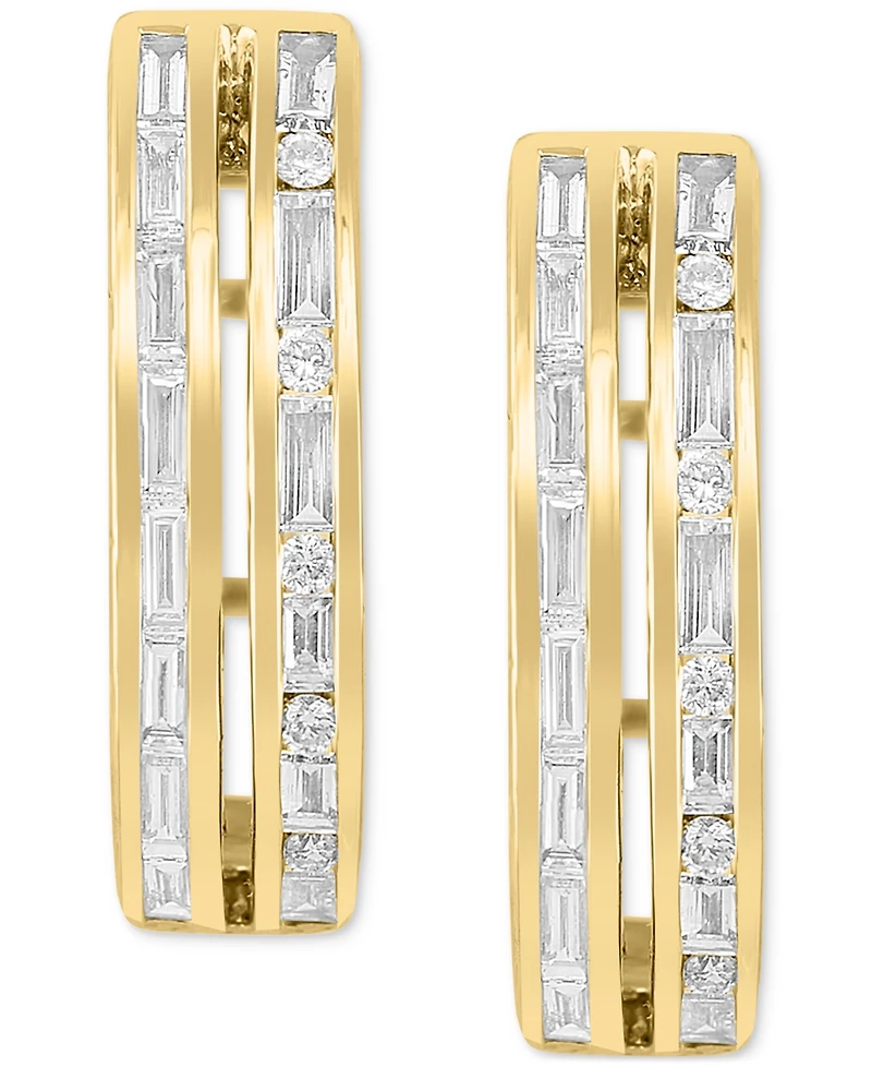 Effy Diamond Baguette & Round Double Row Small Huggie Hoop Earrings (5/8 ct. t.w.) Earrings in 14k Gold, 0.75"
