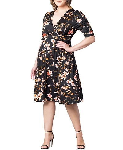 Kiyonna Plus Size Gabriella Ruched Sleeve Midi Dress with Pockets
