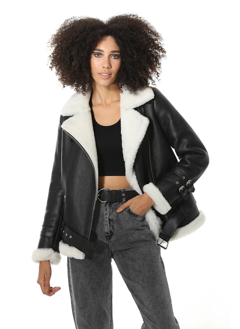 Furniq Uk Women's Shearling Belted Biker Jacket, Silky Black with White Wool