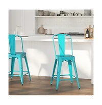 Stella 24" Metal Indoor-Outdoor Counter Stool With Vertical Slat Back And Integrated Footrest