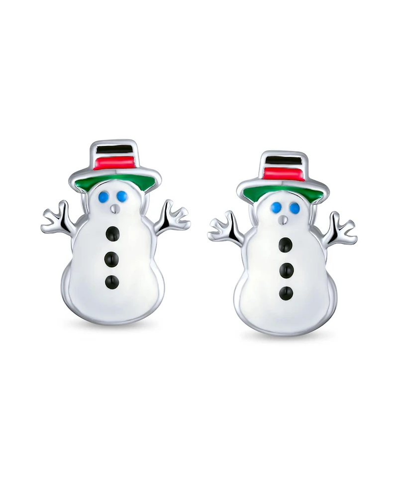 Bling Jewelry Small Fun Holiday Cartoon Christmas Winter White Enamel Frosty Snowman Stud Earrings Sterling Silver