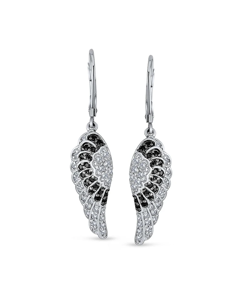 Bling Jewelry Two Tone Spiritual Guardian Angel Wing Feather Cubic Zirconia Black White Cz Lever back Earrings