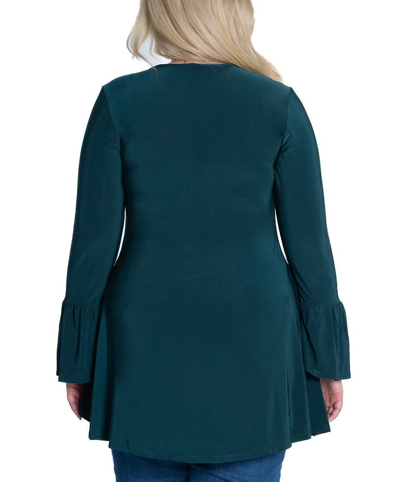 24seven Comfort Apparel Plus Long Bell Sleeve High Low Tunic Top