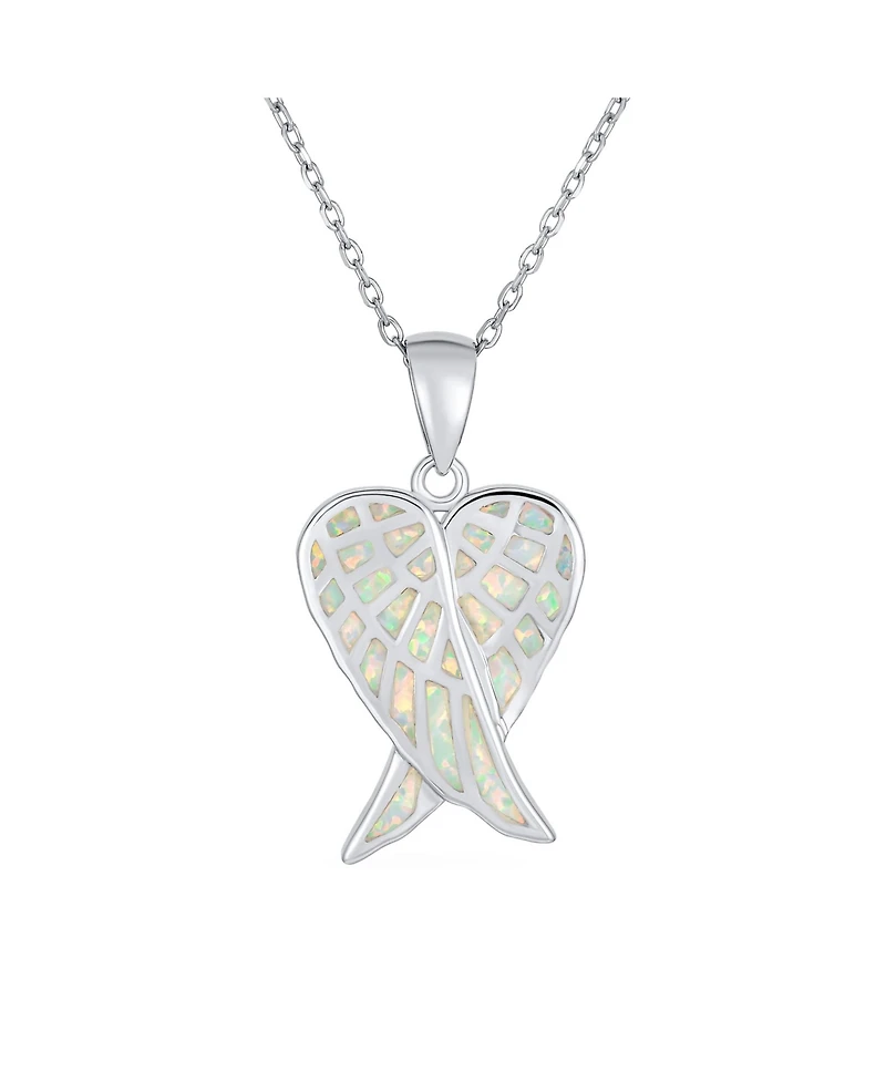 Bling Jewelry Love Created White Synthetic Opal Inlay Spiritual Guardian Angel Wings Feather Necklace Pendant Sterling Silver