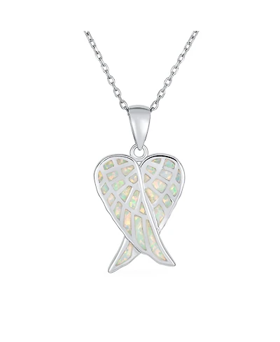 Bling Jewelry Love Created White Synthetic Opal Inlay Spiritual Guardian Angel Wings Feather Necklace Pendant Sterling Silver