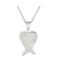 Bling Jewelry Love Created White Synthetic Opal Inlay Spiritual Guardian Angel Wings Feather Necklace Pendant Sterling Silver