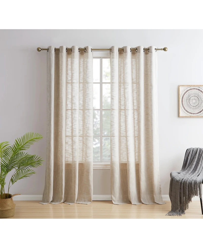 Hlc.me Madison Faux Linen Textured Semi Sheer Privacy Sun Light Filtering Transparent Window Grommet Long Thick Curtains Panels
