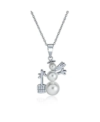 Bling Jewelry Elegant Winter White Simulated Pearl Holiday Christmas Snowman Pendant Necklace For Sterling