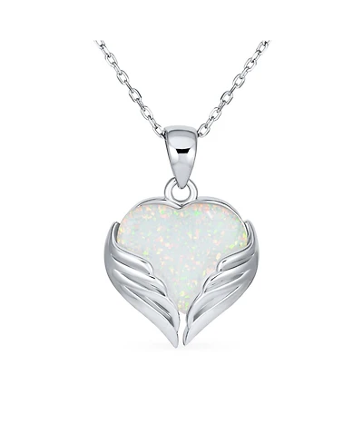 Bling Jewelry Love Created Framed White Synthetic Opal Heart Shaped Angel Wing Necklace Pendant Sterling Silver