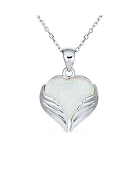 Bling Jewelry Love Created Framed White Synthetic Opal Heart Shaped Angel Wing Necklace Pendant Sterling Silver