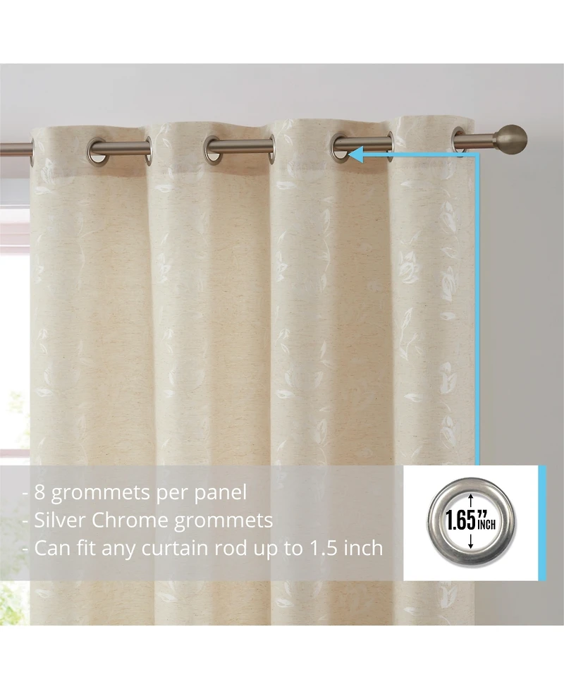 Hlc.me Zoey Burlap Flax Linen Floral Jacquard Privacy Light Filtering Transparent Window Grommet Long Thick Curtains Drapery Panels for Bedroom & Livi