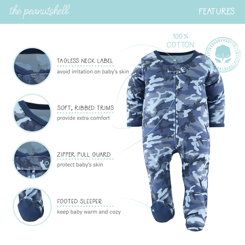 The Peanutshell Baby Boys Blue Camo Footed Sleepers for Boys, 3-Pack