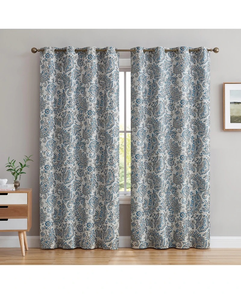 Hlc.me Amalfi Paisley Faux Silk 100% Blackout Room Darkening Thermal Lined Curtain Grommet Panels for Bedroom
