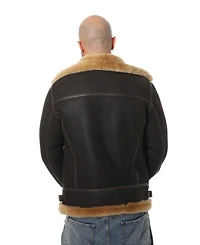 Furniq Uk Men's Shearling Biker Jacket, Washed Brown with Ginger Wool