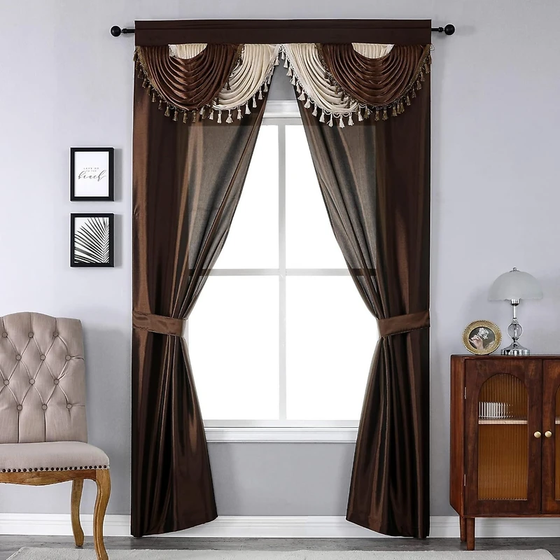 Kate Aurora Satin Semi Sheer Complete 5 Piece Window a Bag Attached Curtain Set
