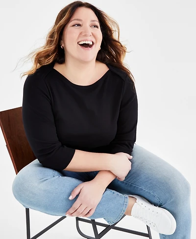 Style & Co Plus Pima Cotton 3/4-Sleeve Top, Exclusively at Macy's