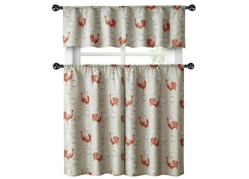 Kate Aurora Living Country Farmhouse Red Rooster Barn 3 Piece Kitchen Curtain Tier & Valance Set