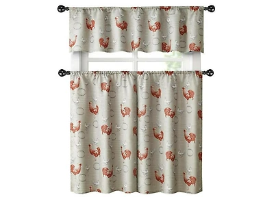 Kate Aurora Living Country Farmhouse Red Rooster Barn 3 Piece Kitchen Curtain Tier & Valance Set