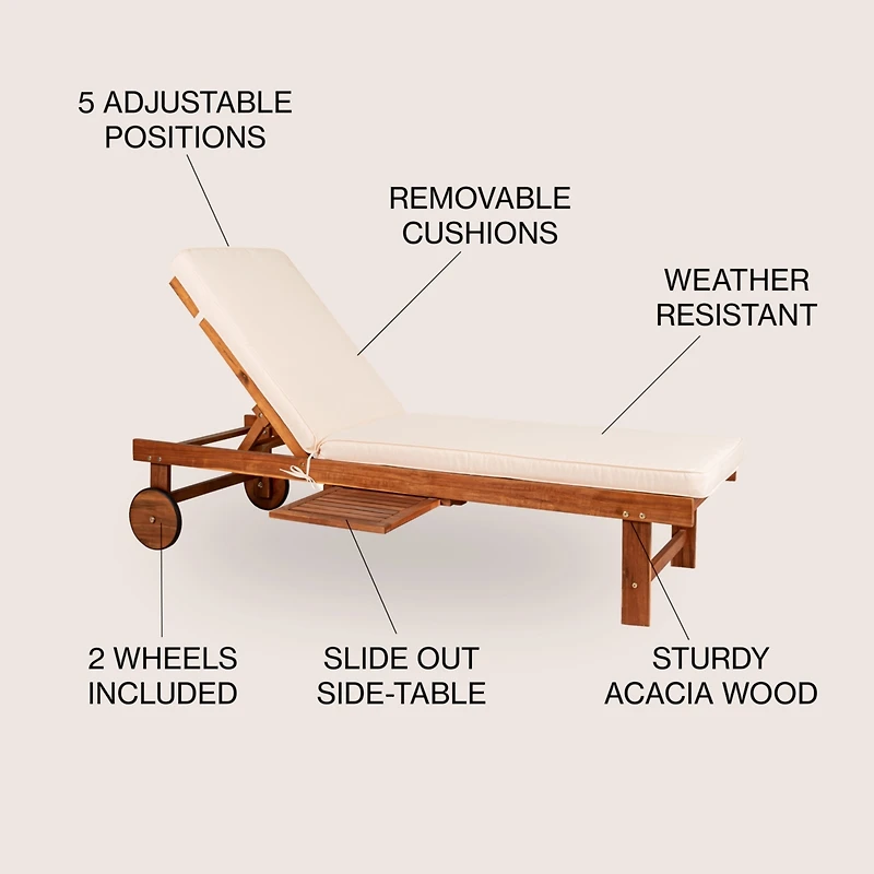 Jonathan Y Seabrook 69 x 24 Inch Outdoor Acacia Wood Lounger with Cushion, 5-Position Back, Slide Table & Wheels, Dark Brown