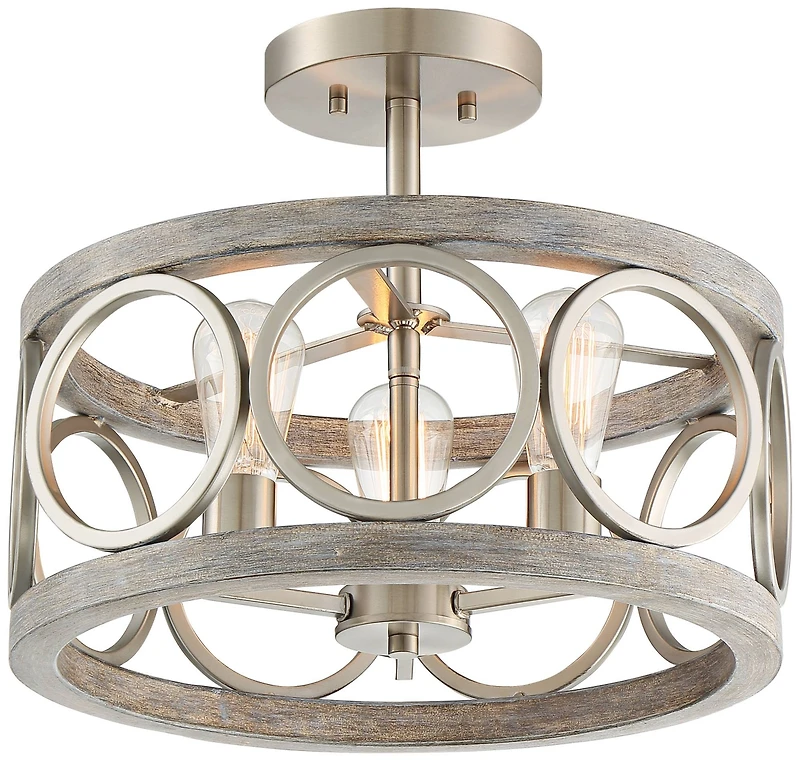 Franklin Iron Works Salima Rustic Farmhouse Ceiling Light Semi Flush Mount 16" Wide Brushed Nickel Gray Wood 3-Light Led for Bedroom Living Room