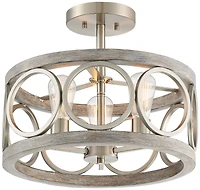 Franklin Iron Works Salima Rustic Farmhouse Ceiling Light Semi Flush Mount 16" Wide Brushed Nickel Gray Wood 3-Light Led for Bedroom Living Room