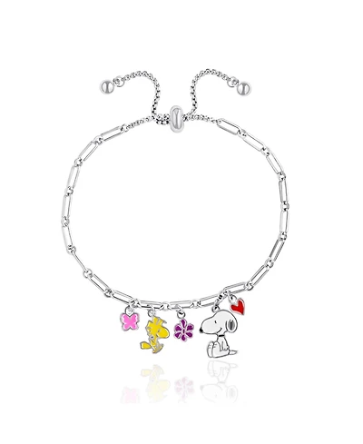 Peanuts Snoopy Enamel Charm Woodstock, Flowers, Heart Lariat Paper Clip Chain Bracelet