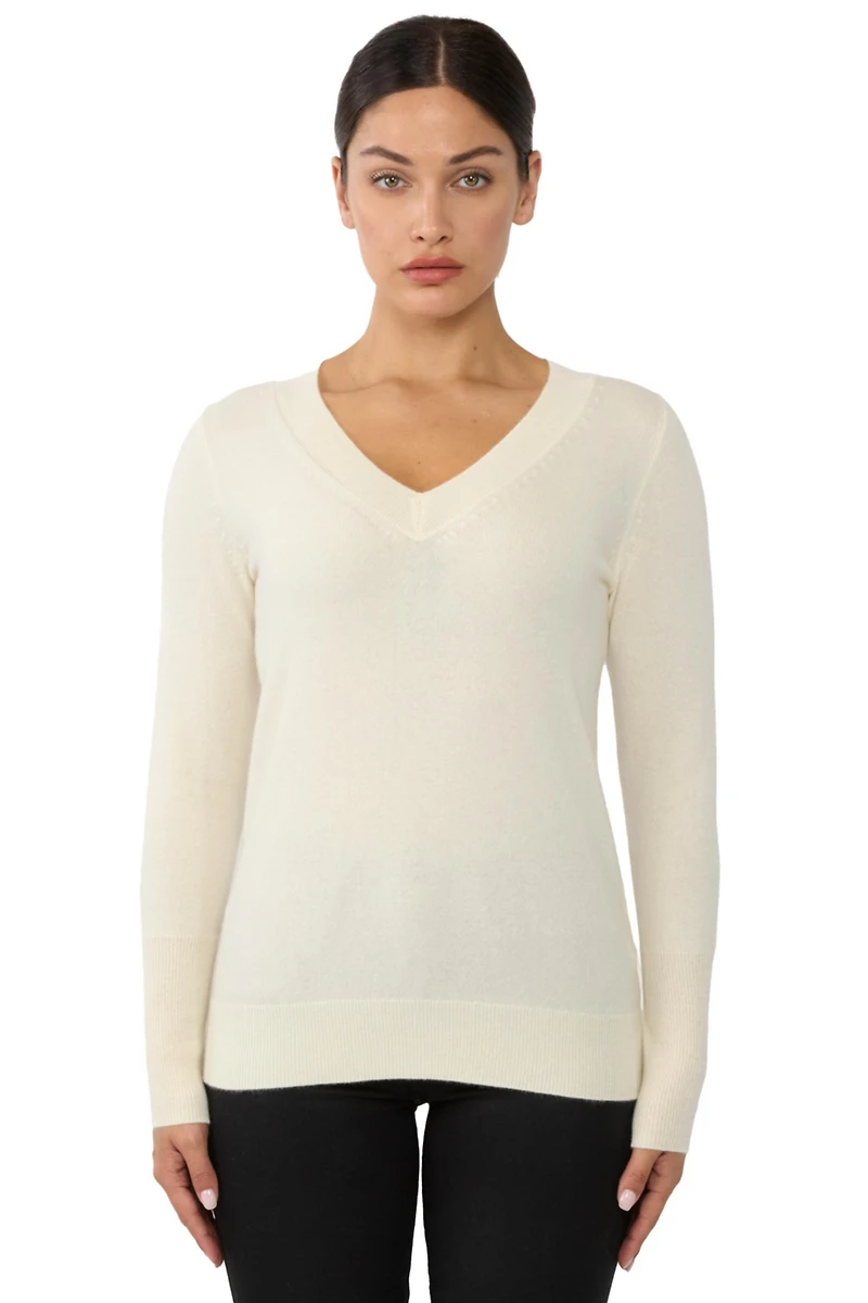 Jennie Liu Women's 100% Pure Cashmere Long Sleeve Ava V Neck Pullover Sweater
