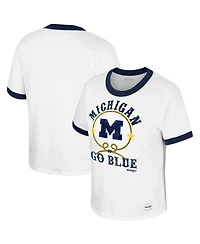 Women's Colosseum x Wrangler White Distressed Michigan Wolverines Freehand Ringer T-shirt