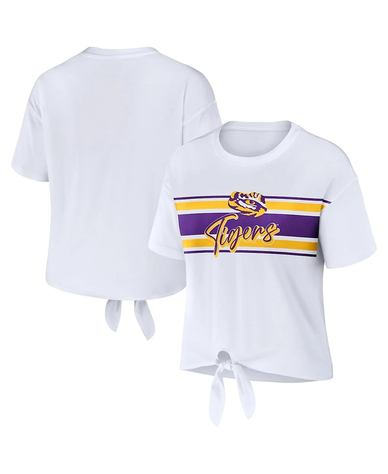 Women's Wear by Erin Andrews White Lsu Tigers Striped Front Knot Cropped T-shirt