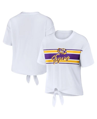 Women's Wear by Erin Andrews White Lsu Tigers Striped Front Knot Cropped T-shirt