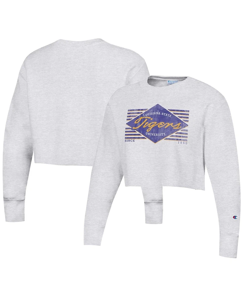 Women's Champion Heather Gray Distressed Lsu Tigers Reverse Weave Cropped Pullover Sweatshirt